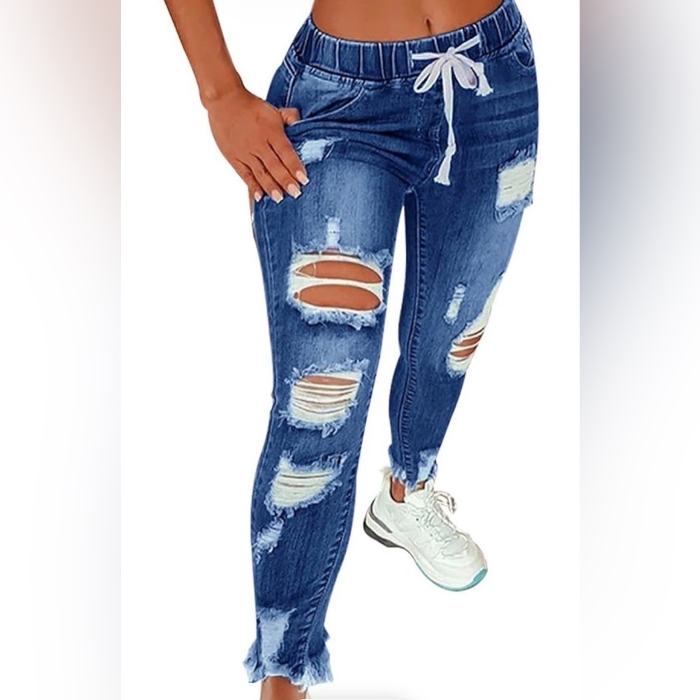 Distressed Blue Women's Jeans drawstring waist